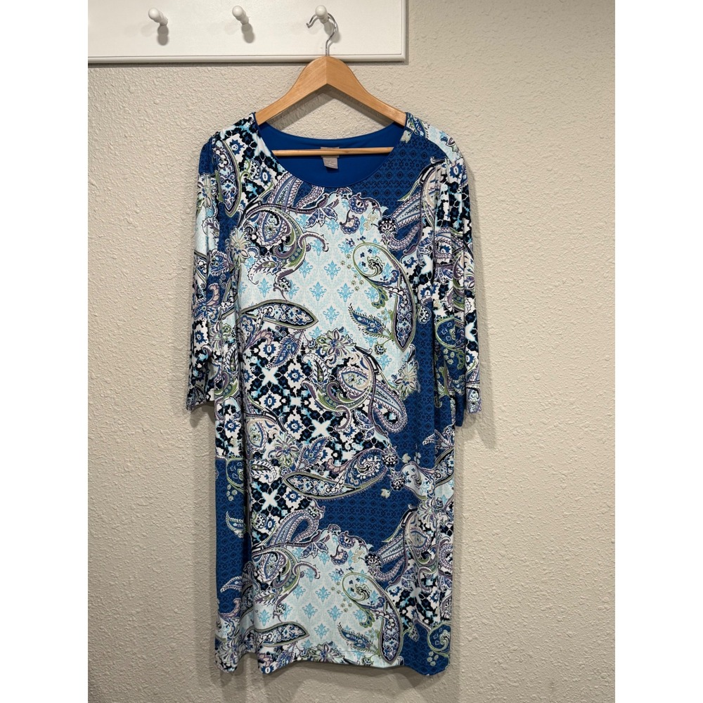 Chico's Paisley Print Shift Dress Blue Plus 20/22 3/4 Sleeve Coastal Boho Chic - Picture 2 of 5